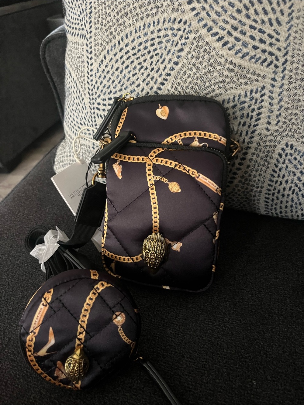 Kurt Geiger Black Quilted Mini Crossbody with Gold Chain Print - Picture 2 of 2